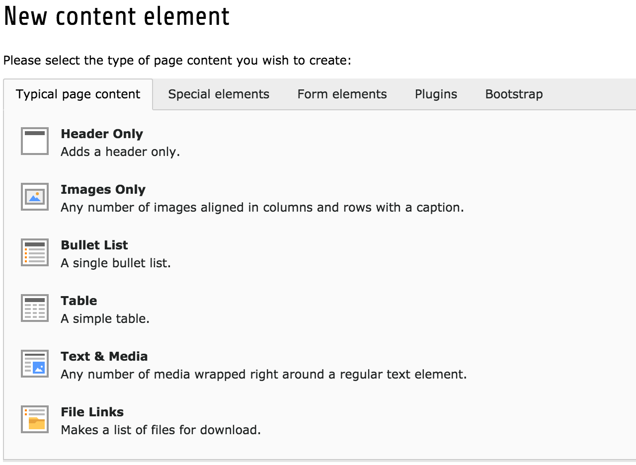 TYPO3's content element selector