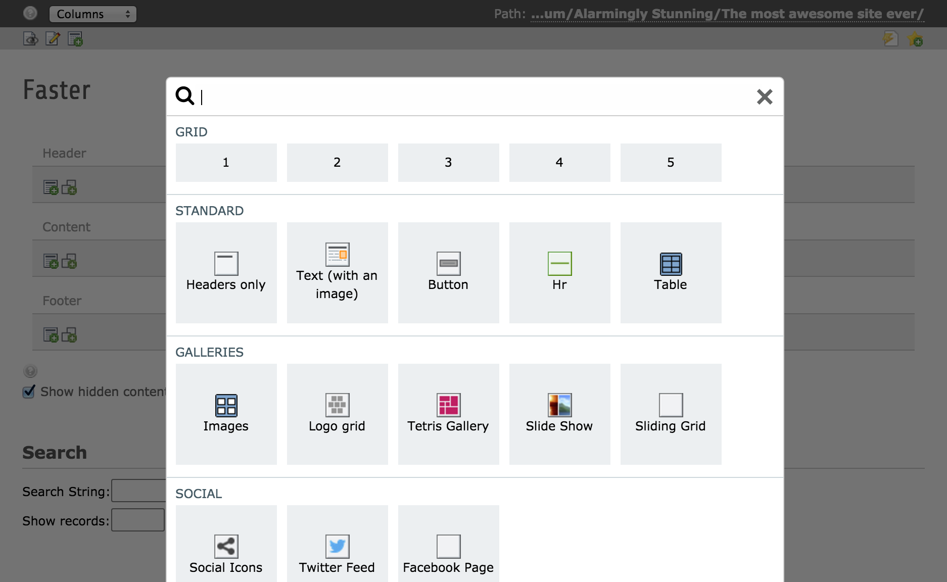 TYPO3's content element selector